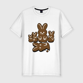 Мужская футболка премиум с принтом Шоколадные кролики в Санкт-Петербурге, 92% хлопок, 8% лайкра | приталенный силуэт, круглый вырез ворота, длина до линии бедра, короткий рукав | chocolate | death | rabbit | еда | зайцы | заяц | зверь | кролик | шоколад