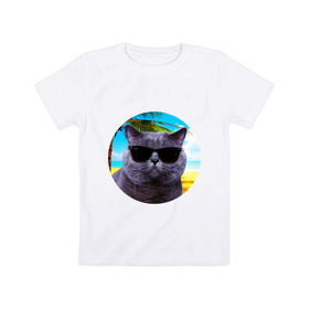 Детская футболка хлопок с принтом Котэ на пляже в Санкт-Петербурге, 100% хлопок | круглый вырез горловины, полуприлегающий силуэт, длина до линии бедер | Тематика изображения на принте: кот | котэ | лето | мем | очки | пальма | пляж | солнце