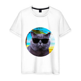 Мужская футболка хлопок с принтом Котэ на пляже в Санкт-Петербурге, 100% хлопок | прямой крой, круглый вырез горловины, длина до линии бедер, слегка спущенное плечо. | кот | котэ | лето | мем | очки | пальма | пляж | солнце