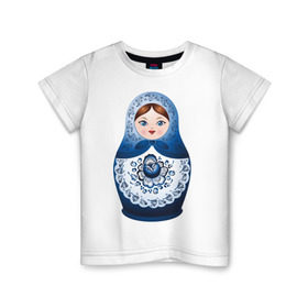 Детская футболка хлопок с принтом Матрешка Гжель в Санкт-Петербурге, 100% хлопок | круглый вырез горловины, полуприлегающий силуэт, длина до линии бедер | русь