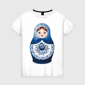 Женская футболка хлопок с принтом Матрешка Гжель в Санкт-Петербурге, 100% хлопок | прямой крой, круглый вырез горловины, длина до линии бедер, слегка спущенное плечо | русь