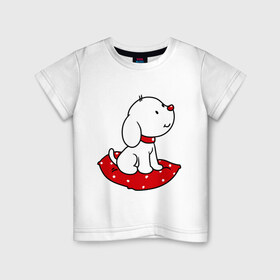 Детская футболка хлопок с принтом Собачка на подушке в Санкт-Петербурге, 100% хлопок | круглый вырез горловины, полуприлегающий силуэт, длина до линии бедер | милый | пес | подушка | собака | щенок