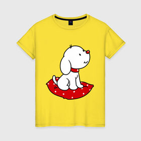 Женская футболка хлопок с принтом Собачка на подушке в Санкт-Петербурге, 100% хлопок | прямой крой, круглый вырез горловины, длина до линии бедер, слегка спущенное плечо | милый | пес | подушка | собака | щенок