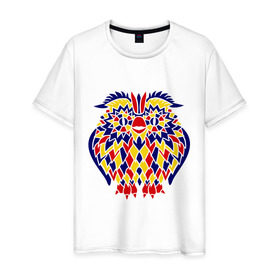 Мужская футболка хлопок с принтом Сова разноцветная мозаика в Санкт-Петербурге, 100% хлопок | прямой крой, круглый вырез горловины, длина до линии бедер, слегка спущенное плечо. | сова