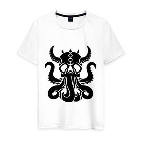 Мужская футболка хлопок с принтом Морской демон в Санкт-Петербурге, 100% хлопок | прямой крой, круглый вырез горловины, длина до линии бедер, слегка спущенное плечо. | демон | ктулху | море | океан | рога | тентакль