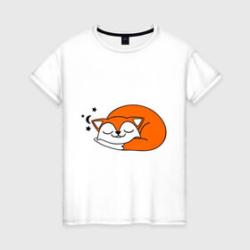 Женская футболка хлопок с принтом Спящий лисёнок в Санкт-Петербурге, 100% хлопок | прямой крой, круглый вырез горловины, длина до линии бедер, слегка спущенное плечо | лиса