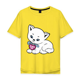 Мужская футболка хлопок Oversize с принтом Белая кошечка в Санкт-Петербурге, 100% хлопок | свободный крой, круглый ворот, “спинка” длиннее передней части | kiss | kiss me | киса | киска | котейка | котенок | котя | кошечка | кошка | лапочка