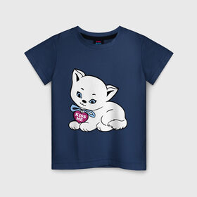 Детская футболка хлопок с принтом Белая кошечка в Санкт-Петербурге, 100% хлопок | круглый вырез горловины, полуприлегающий силуэт, длина до линии бедер | kiss | kiss me | киса | киска | котейка | котенок | котя | кошечка | кошка | лапочка
