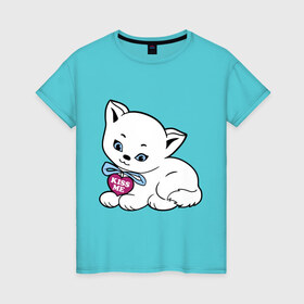 Женская футболка хлопок с принтом Белая кошечка в Санкт-Петербурге, 100% хлопок | прямой крой, круглый вырез горловины, длина до линии бедер, слегка спущенное плечо | kiss | kiss me | киса | киска | котейка | котенок | котя | кошечка | кошка | лапочка
