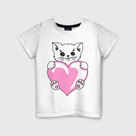 Детская футболка хлопок с принтом Котеночек с сердечком в Санкт-Петербурге, 100% хлопок | круглый вырез горловины, полуприлегающий силуэт, длина до линии бедер | киса | киска | котейка | котенок | котя | кошечка | кошка | лапочка | сердечко | сердце