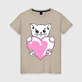 Женская футболка хлопок с принтом Котеночек с сердечком в Санкт-Петербурге, 100% хлопок | прямой крой, круглый вырез горловины, длина до линии бедер, слегка спущенное плечо | киса | киска | котейка | котенок | котя | кошечка | кошка | лапочка | сердечко | сердце