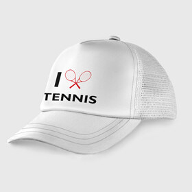 Детская кепка тракер с принтом I Love Tennis в Санкт-Петербурге, Козырек - 100% хлопок. Кепка - 100% полиэстер, Задняя часть - сетка | универсальный размер, пластиковая застёжка | ракетка | тенис | теннис | теннисист