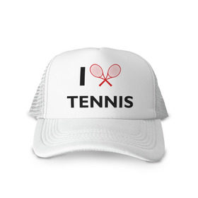 Кепка тракер с сеткой с принтом I Love Tennis в Санкт-Петербурге, трикотажное полотно; задняя часть — сетка | длинный козырек, универсальный размер, пластиковая застежка | Тематика изображения на принте: ракетка | тенис | теннис | теннисист