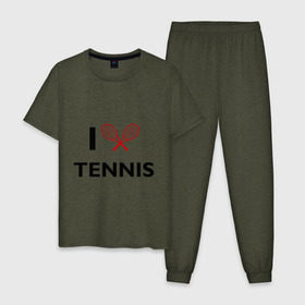 Мужская пижама хлопок с принтом I Love Tennis в Санкт-Петербурге, 100% хлопок | брюки и футболка прямого кроя, без карманов, на брюках мягкая резинка на поясе и по низу штанин
 | Тематика изображения на принте: ракетка | тенис | теннис | теннисист