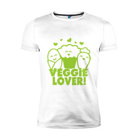 Мужская футболка премиум с принтом Veggie lover (овощелюб) в Санкт-Петербурге, 92% хлопок, 8% лайкра | приталенный силуэт, круглый вырез ворота, длина до линии бедра, короткий рукав | Тематика изображения на принте: fruits | health | lover | vegan | vegetables | vegetarian | veggie | веган | вегетарианец | диета | здоровье | овощ | фрукт