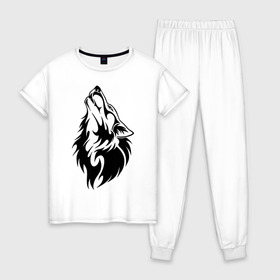 Женская пижама хлопок с принтом Воющий волк в Санкт-Петербурге, 100% хлопок | брюки и футболка прямого кроя, без карманов, на брюках мягкая резинка на поясе и по низу штанин | воет | вой | волк | голова