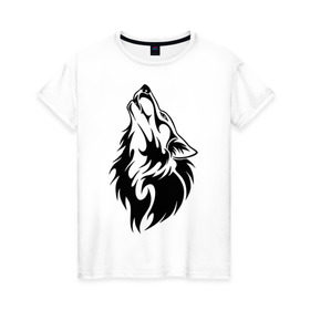 Женская футболка хлопок с принтом Воющий волк в Санкт-Петербурге, 100% хлопок | прямой крой, круглый вырез горловины, длина до линии бедер, слегка спущенное плечо | воет | вой | волк | голова