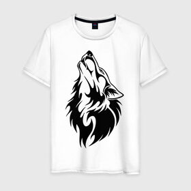 Мужская футболка хлопок с принтом Воющий волк в Санкт-Петербурге, 100% хлопок | прямой крой, круглый вырез горловины, длина до линии бедер, слегка спущенное плечо. | Тематика изображения на принте: воет | вой | волк | голова
