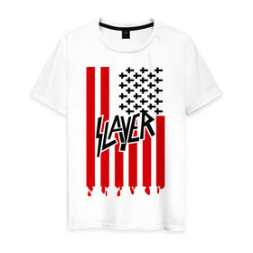Мужская футболка хлопок с принтом Slayer flag в Санкт-Петербурге, 100% хлопок | прямой крой, круглый вырез горловины, длина до линии бедер, слегка спущенное плечо. | flag | slayer | америка | музыка | рок | сша | флаг