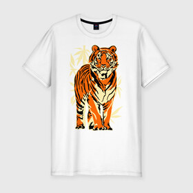 Мужская футболка премиум с принтом Тигр в Санкт-Петербурге, 92% хлопок, 8% лайкра | приталенный силуэт, круглый вырез ворота, длина до линии бедра, короткий рукав | Тематика изображения на принте: tiger | бамбук | тигр | хищник
