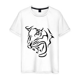 Мужская футболка хлопок с принтом Тату голова тигра в Санкт-Петербурге, 100% хлопок | прямой крой, круглый вырез горловины, длина до линии бедер, слегка спущенное плечо. | голова | тату | тигр
