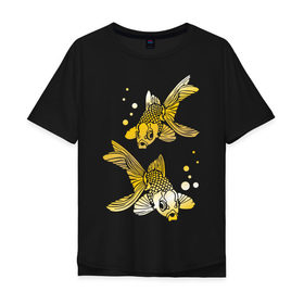 Мужская футболка хлопок Oversize с принтом Золотые рыбки в Санкт-Петербурге, 100% хлопок | свободный крой, круглый ворот, “спинка” длиннее передней части | две | золото | пара | рыбки