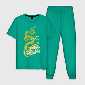 Мужская пижама хлопок с принтом Золотой дракон в Санкт-Петербурге, 100% хлопок | брюки и футболка прямого кроя, без карманов, на брюках мягкая резинка на поясе и по низу штанин
 | Тематика изображения на принте: дракон | золотой | китайский | тату