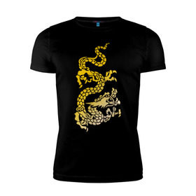 Мужская футболка премиум с принтом Золотой дракон в Санкт-Петербурге, 92% хлопок, 8% лайкра | приталенный силуэт, круглый вырез ворота, длина до линии бедра, короткий рукав | дракон | золотой | китайский | тату