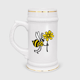 Кружка пивная с принтом Пчела с цветочком в Санкт-Петербурге,  керамика (Материал выдерживает высокую температуру, стоит избегать резкого перепада температур) |  объем 630 мл | оса | пчела | цветок | шмель