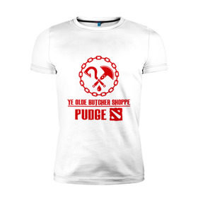 Мужская футболка премиум с принтом Hook Pudge Dota2 в Санкт-Петербурге, 92% хлопок, 8% лайкра | приталенный силуэт, круглый вырез ворота, длина до линии бедра, короткий рукав | butcher | chain | dota | hook | pudgee | shoppe | дота | крюк | мясник | пудж | цепь