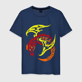 Мужская футболка хлопок с принтом Пламенный дракон в Санкт-Петербурге, 100% хлопок | прямой крой, круглый вырез горловины, длина до линии бедер, слегка спущенное плечо. | Тематика изображения на принте: виверна | дракон | огонь | пламя | тату