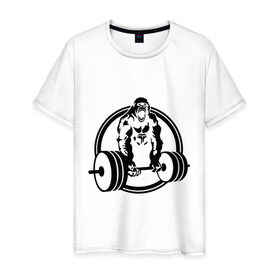 Мужская футболка хлопок с принтом Горилла со штангой в Санкт-Петербурге, 100% хлопок | прямой крой, круглый вырез горловины, длина до линии бедер, слегка спущенное плечо. | горилла | кач | спорт | штанга