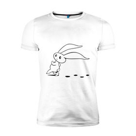 Мужская футболка премиум с принтом Зайка крадется в Санкт-Петербурге, 92% хлопок, 8% лайкра | приталенный силуэт, круглый вырез ворота, длина до линии бедра, короткий рукав | зайчик | заяц | крадется | кролик | лопоухий | следы