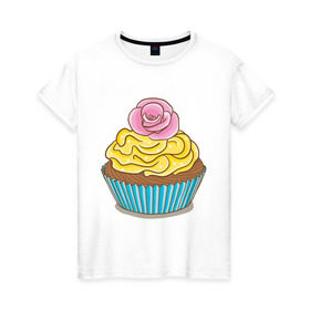 Женская футболка хлопок с принтом Кекс с розочкой в Санкт-Петербурге, 100% хлопок | прямой крой, круглый вырез горловины, длина до линии бедер, слегка спущенное плечо | выпечка | для девушек | еда | кекс | кексик | маффин | рисунок