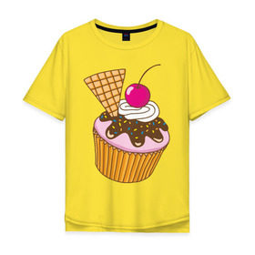 Мужская футболка хлопок Oversize с принтом Кекс с вишней в Санкт-Петербурге, 100% хлопок | свободный крой, круглый ворот, “спинка” длиннее передней части | вафля | вишенка | выпечка | для девшек | еда | кекс | кексик | маффин | рисунок
