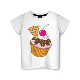Детская футболка хлопок с принтом Кекс с вишней в Санкт-Петербурге, 100% хлопок | круглый вырез горловины, полуприлегающий силуэт, длина до линии бедер | вафля | вишенка | выпечка | для девшек | еда | кекс | кексик | маффин | рисунок