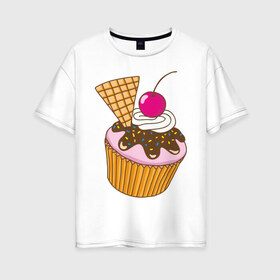 Женская футболка хлопок Oversize с принтом Кекс с вишней в Санкт-Петербурге, 100% хлопок | свободный крой, круглый ворот, спущенный рукав, длина до линии бедер
 | вафля | вишенка | выпечка | для девшек | еда | кекс | кексик | маффин | рисунок
