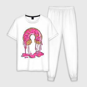 Мужская пижама хлопок с принтом Пончик в Санкт-Петербурге, 100% хлопок | брюки и футболка прямого кроя, без карманов, на брюках мягкая резинка на поясе и по низу штанин
 | булочка | еда | крем | пончик