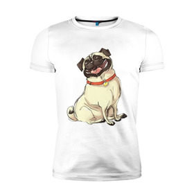 Мужская футболка премиум с принтом Радостный мопс в Санкт-Петербурге, 92% хлопок, 8% лайкра | приталенный силуэт, круглый вырез ворота, длина до линии бедра, короткий рукав | милый | мопс | пес | радостная | собака