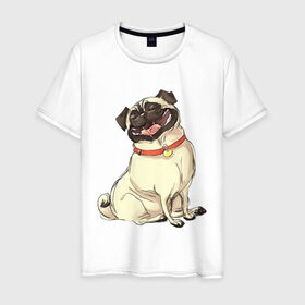 Мужская футболка хлопок с принтом Радостный мопс в Санкт-Петербурге, 100% хлопок | прямой крой, круглый вырез горловины, длина до линии бедер, слегка спущенное плечо. | милый | мопс | пес | радостная | собака