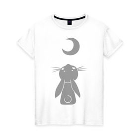 Женская футболка хлопок с принтом Зайчик смотрит на луну в Санкт-Петербурге, 100% хлопок | прямой крой, круглый вырез горловины, длина до линии бедер, слегка спущенное плечо | зайчик | заяц | кролик | луна | месяц | полумесяц
