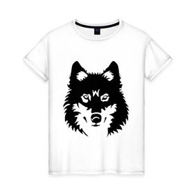Женская футболка хлопок с принтом Северный волк в Санкт-Петербурге, 100% хлопок | прямой крой, круглый вырез горловины, длина до линии бедер, слегка спущенное плечо | волк | голова | север