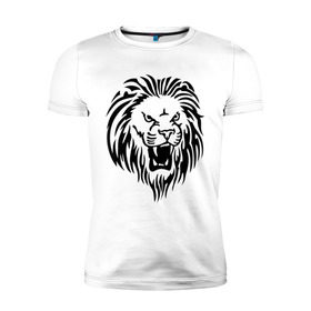Мужская футболка премиум с принтом Голова льва тату в Санкт-Петербурге, 92% хлопок, 8% лайкра | приталенный силуэт, круглый вырез ворота, длина до линии бедра, короткий рукав | голова | лев | тату | хищник