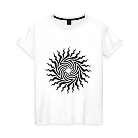 Женская футболка хлопок с принтом Психоделическое солнце в Санкт-Петербурге, 100% хлопок | прямой крой, круглый вырез горловины, длина до линии бедер, слегка спущенное плечо | Тематика изображения на принте: извиваться | изогнутое | кривое | лучи | психодел | солнце