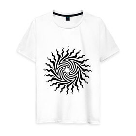 Мужская футболка хлопок с принтом Психоделическое солнце в Санкт-Петербурге, 100% хлопок | прямой крой, круглый вырез горловины, длина до линии бедер, слегка спущенное плечо. | Тематика изображения на принте: извиваться | изогнутое | кривое | лучи | психодел | солнце