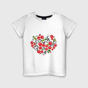 Детская футболка хлопок с принтом Сердце России с красными ягодами в Санкт-Петербурге, 100% хлопок | круглый вырез горловины, полуприлегающий силуэт, длина до линии бедер | Тематика изображения на принте: костяника | красные | россия | рябина | сердце | ягоды