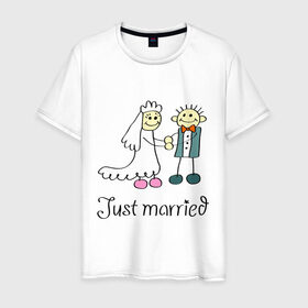 Мужская футболка хлопок с принтом Just married в Санкт-Петербурге, 100% хлопок | прямой крой, круглый вырез горловины, длина до линии бедер, слегка спущенное плечо. | Тематика изображения на принте: just | married | жених | молодожены | невеста | свадьба