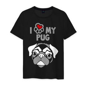 Мужская футболка хлопок с принтом Я люблю моего мопса в Санкт-Петербурге, 100% хлопок | прямой крой, круглый вырез горловины, длина до линии бедер, слегка спущенное плечо. | love | my | pug | люблю | моего | мопс