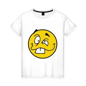 Женская футболка хлопок с принтом Неадекватный смайл в Санкт-Петербурге, 100% хлопок | прямой крой, круглый вырез горловины, длина до линии бедер, слегка спущенное плечо | глупый | лицо | неадекват | нелепый | смайл | смешной | сумасшедший | улыбка