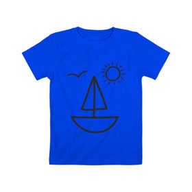 Детская футболка хлопок с принтом Настроение - море в Санкт-Петербурге, 100% хлопок | круглый вырез горловины, полуприлегающий силуэт, длина до линии бедер | корабль | лицо | лодка | море | настроение | парус | птица | рожица | солнце | улыбка | чайка | яхта